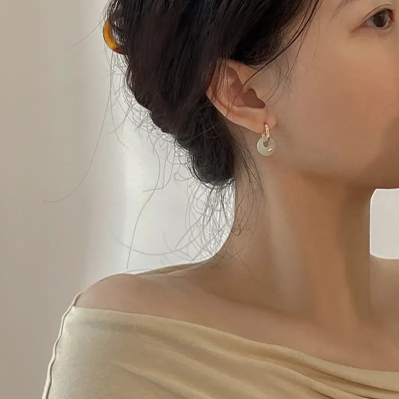 Elegant Vintage-Inspired Circle Drop Earrings with Peace Buckle Design - Hypoallergenic Faux Jade for Casual Elegance