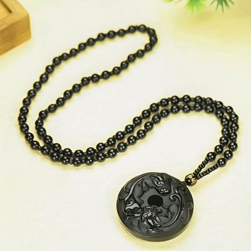 Elegant Obsidian Double Pixiu Pendant Necklace - Natural Stone Amulet for Protection & Prosperity