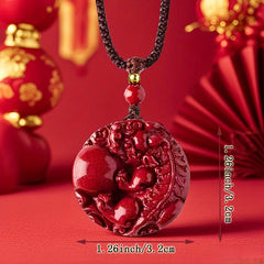 Elegant Red Cinnabar Pixiu Guardian Lion Pendant Necklace - Hand-Carved Wealth & Protection Amulet