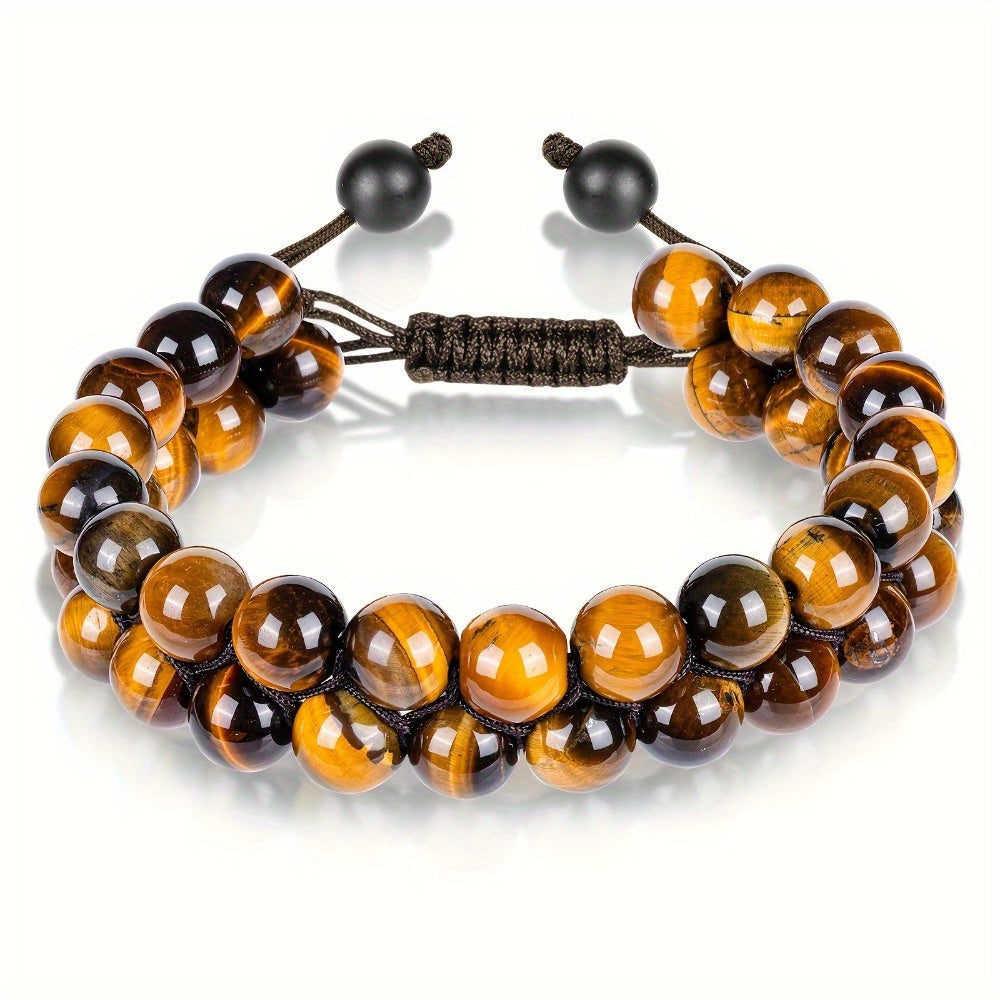 Double Tiger's Eye Beaded Bracelet - Hand-woven Natural Stone for Unisex Energy Balance & Protection