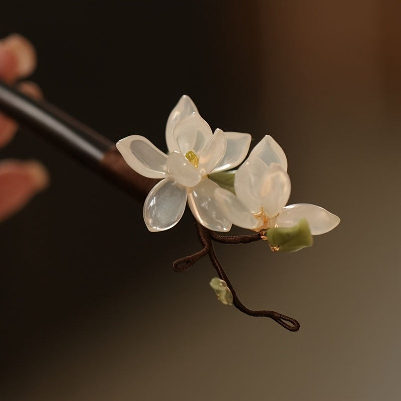 Handmade Wood Jade Orchid Hairpin - Ancient Elegance with Spiritual Energy