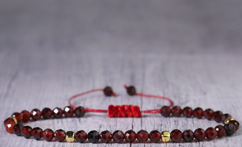 Women's Minimalist Braided Bracelet - Natural Garnet Stone Jewelry with Red Accent