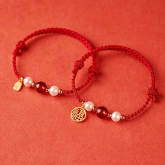 Handmade Woven Bracelet with Lucky Charm - Red Cord & Agate Beads for Good Fortune