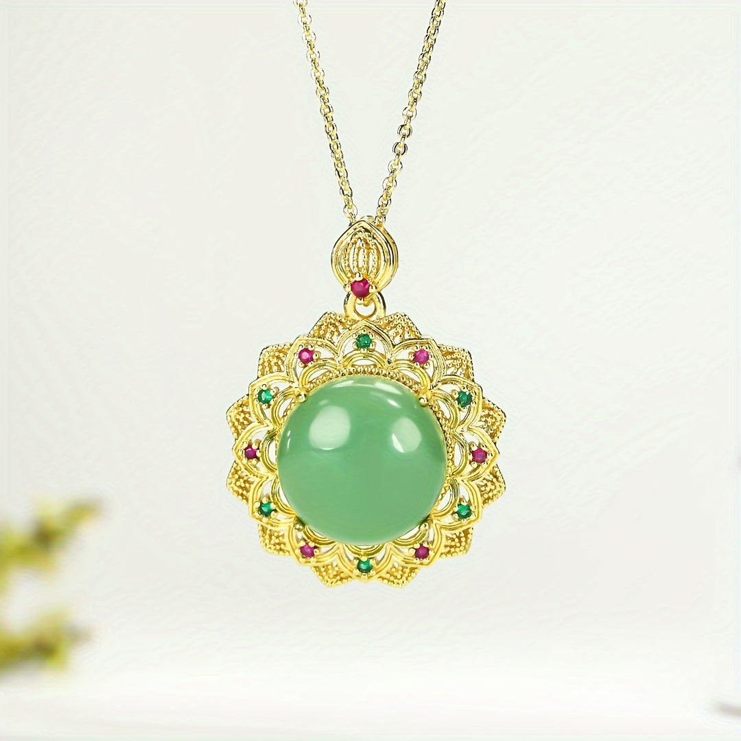 Elegant Natural Stone Filigree Pendant Necklace for Positive Energy and Spiritual Harmony, Vintage Jewelry with Faux Gemstone