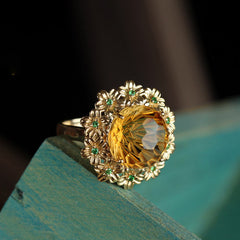 Sunset Blossom Citrine Ring - Firework Design with Imitation Jadeite Surround for Mother's Day, Anniversaries & Weddings