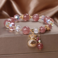 Crystal Beaded Bracelet with Prosperity Money-Bag Charm – Harmonizing Love, Abundance & Emotional Well-Being