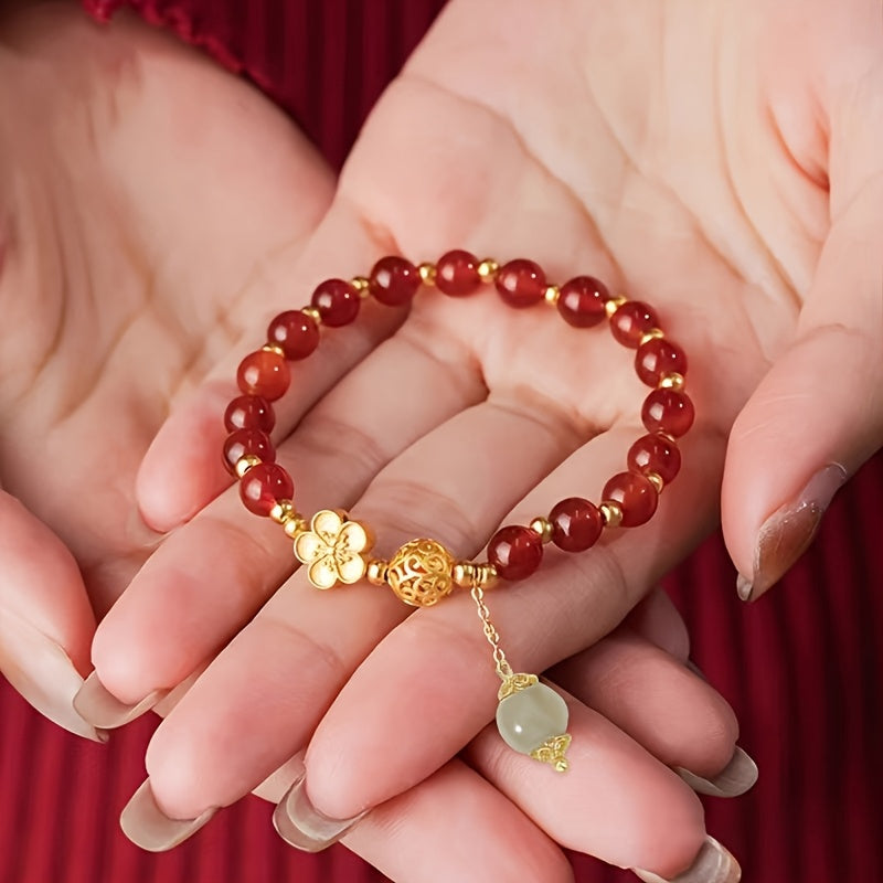 Elegant Red Agate Beaded Bracelet with Golden Accents - Daily Wear & Spiritual Protection