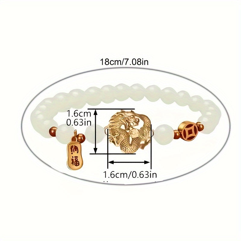 1pc Red and White Boho 8mm Crystal Stone Dragon Bracelet - Men and Women Jewelry Gift for Spiritual Energy and Good Fortune