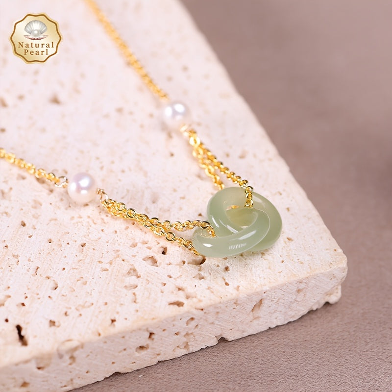 Natural Stone Necklace - Green Freshwater Pearls & Interlocking Rings for Harmony & Protection