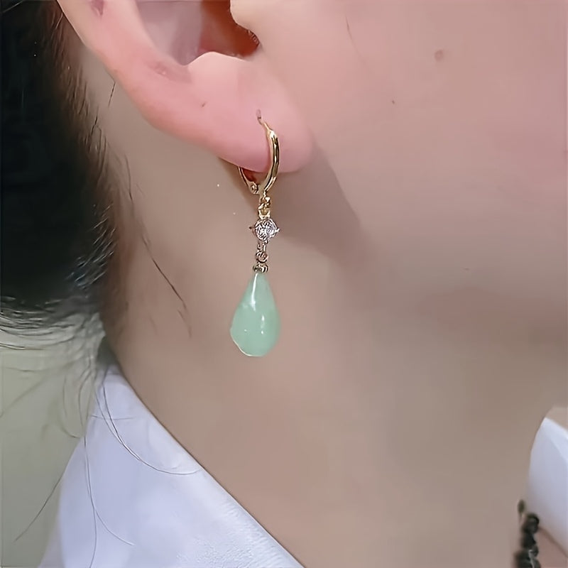 Vintage Jade Drop Earrings - Elegant Green Artificial Jade with Golden Hoop for Casual Wear & Gifting - Harmony & Prosperity Energy