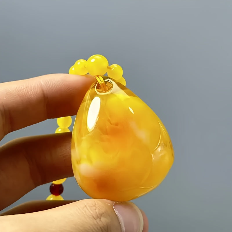 Bohemian Yellow Amber Pendant Necklace - Natural Teardrop Bead for Grounding & Joy