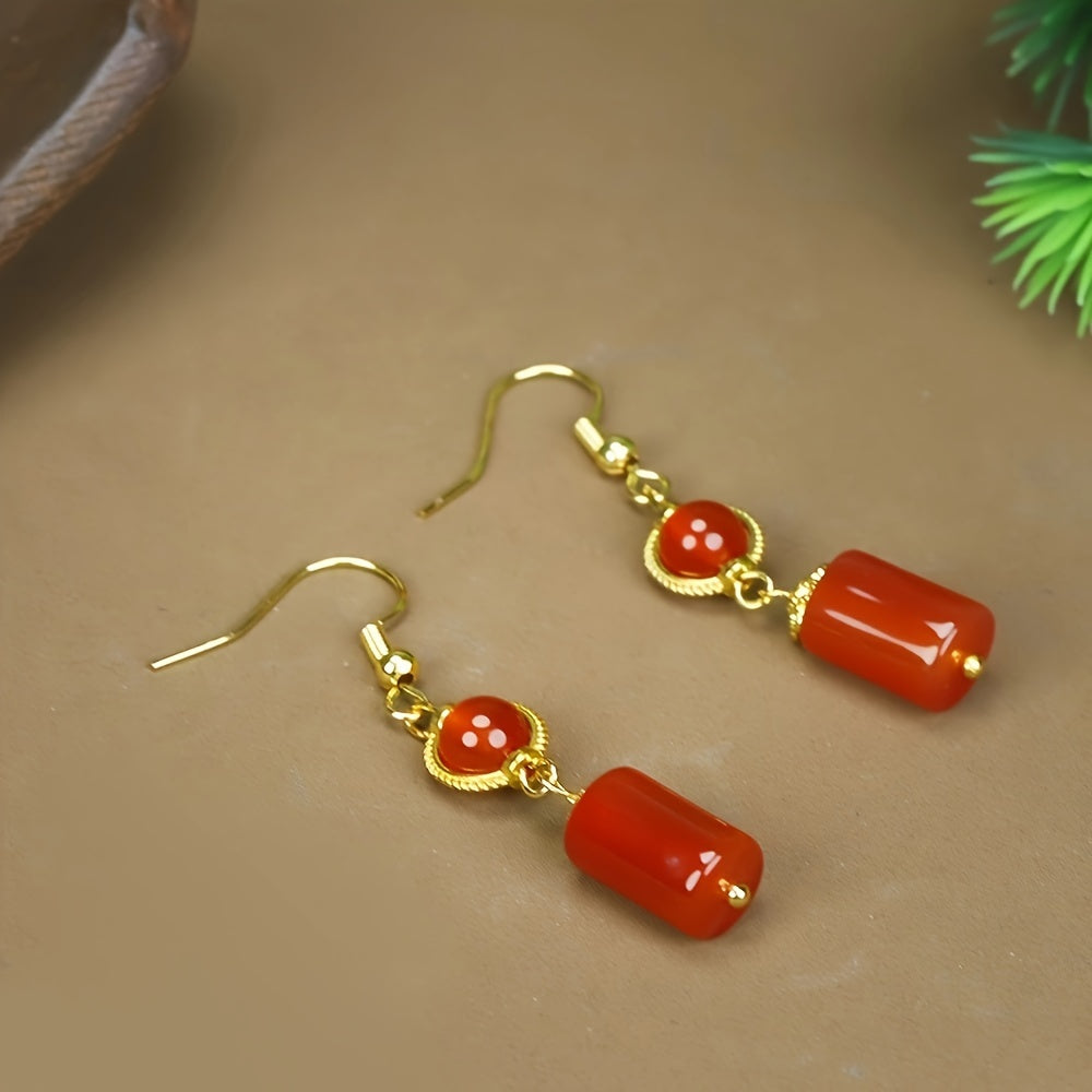 Red Agate Zodiac Year Earrings for Vitality Protection Harmony and Retro Chinese Style Energy Jewelry