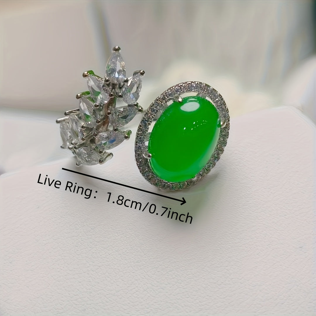Elegant Emerald Green Agate Ring with Leaf Design for Balance & Vitality Women's Fashion Jewelry