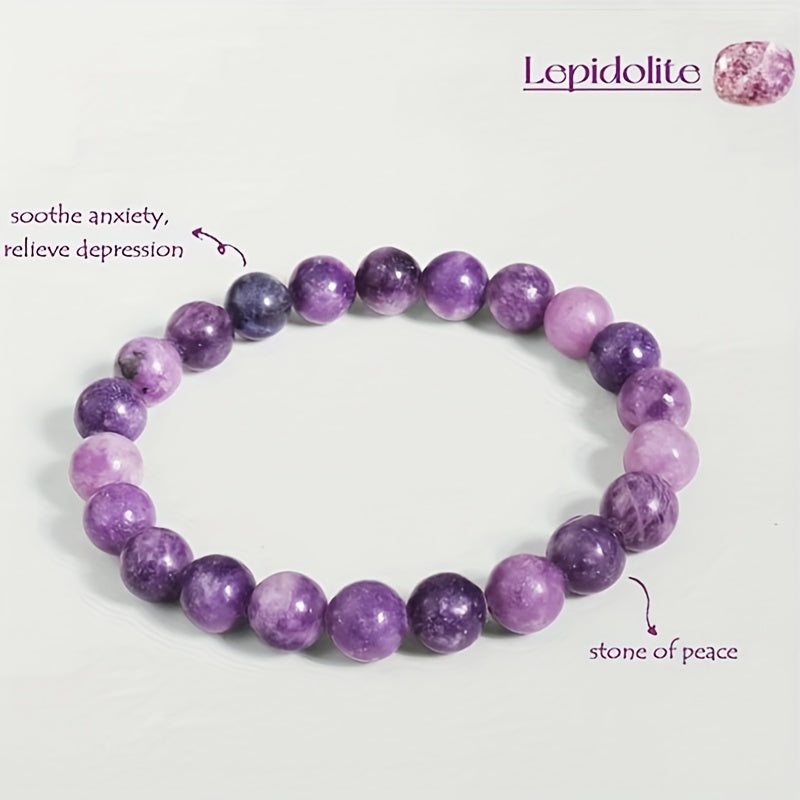 1pc Purple Lepidolite Bracelet - Elastic Stretch Lithium-Rich Stone Beads for Casual Style & Mother’s Day Gift