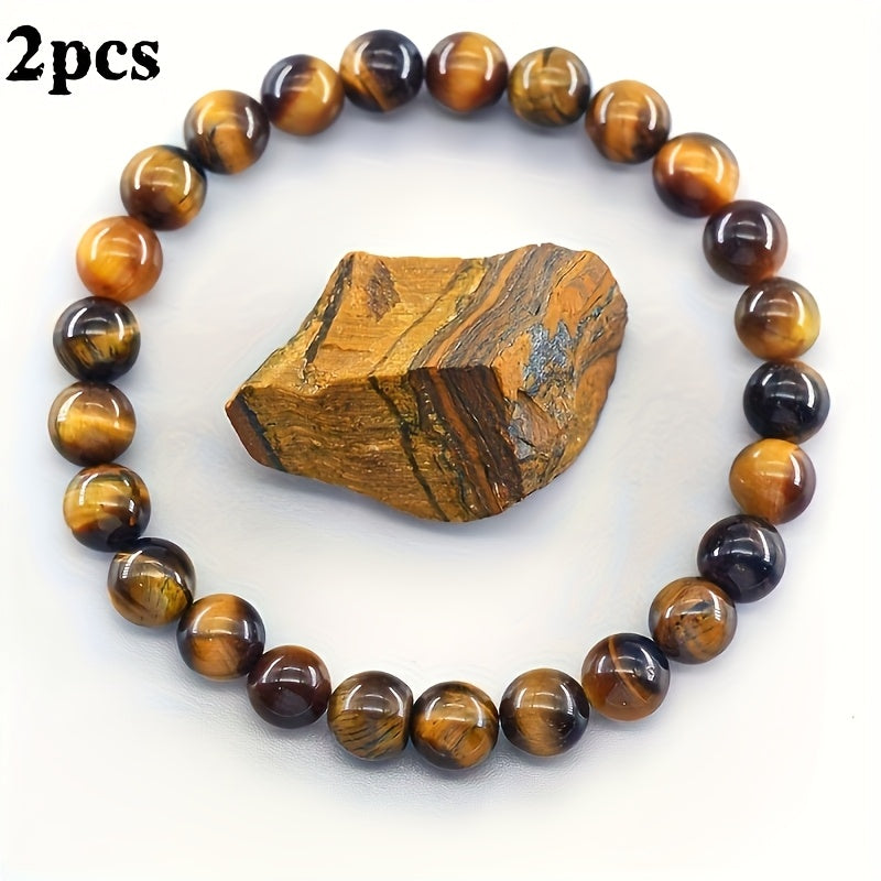 2pcs Mens Classic Tiger Eye Bracelet - Natural Stone for Protection & Grounding Energy