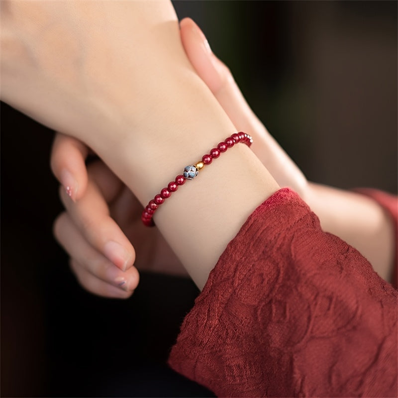 Elegant Chinese Style Cinnabar Lotus Bead Bracelet - Harmony & Prosperity Energy