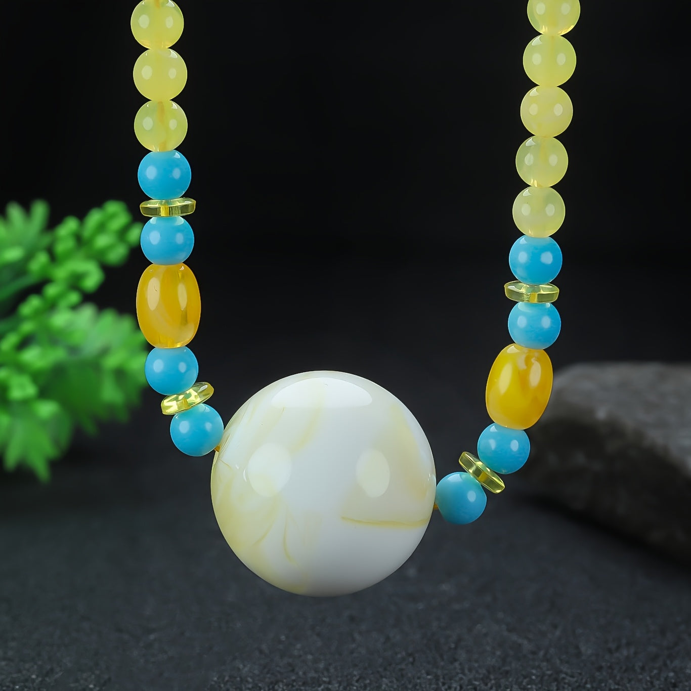 Elegant Amber Beaded Necklace with Peace Symbol for Calm and Joy - Casual Style, Natural Amber Jewelry