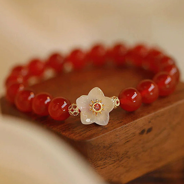 Men's & Women's Red Natural Stone Beaded Flower Bracelet - Christmas Gift for Harmony & Energy