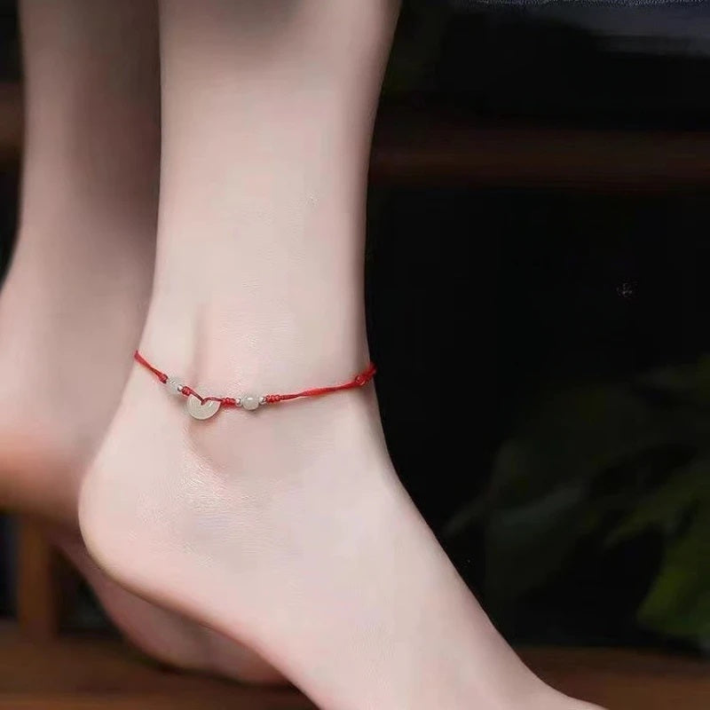 Hand-Woven Red Rope Ankle Chain with Imitation Jade Beads - Retro Resin Ankle Bracelet for Happiness & Good Luck, Casual Everyday Symbolic Accessory