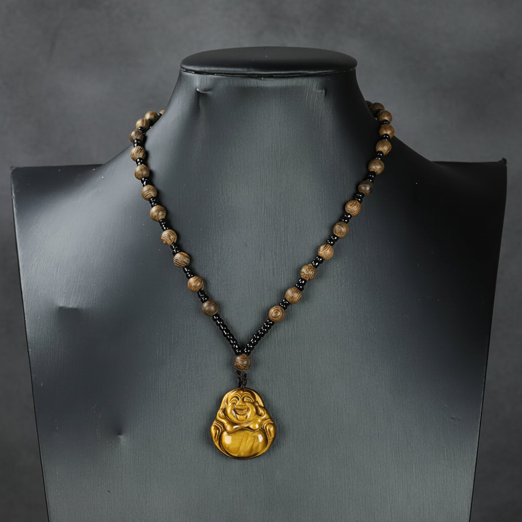 Hand-Carved Tiger's Eye Laughing Buddha Necklace for Protection and Abundance