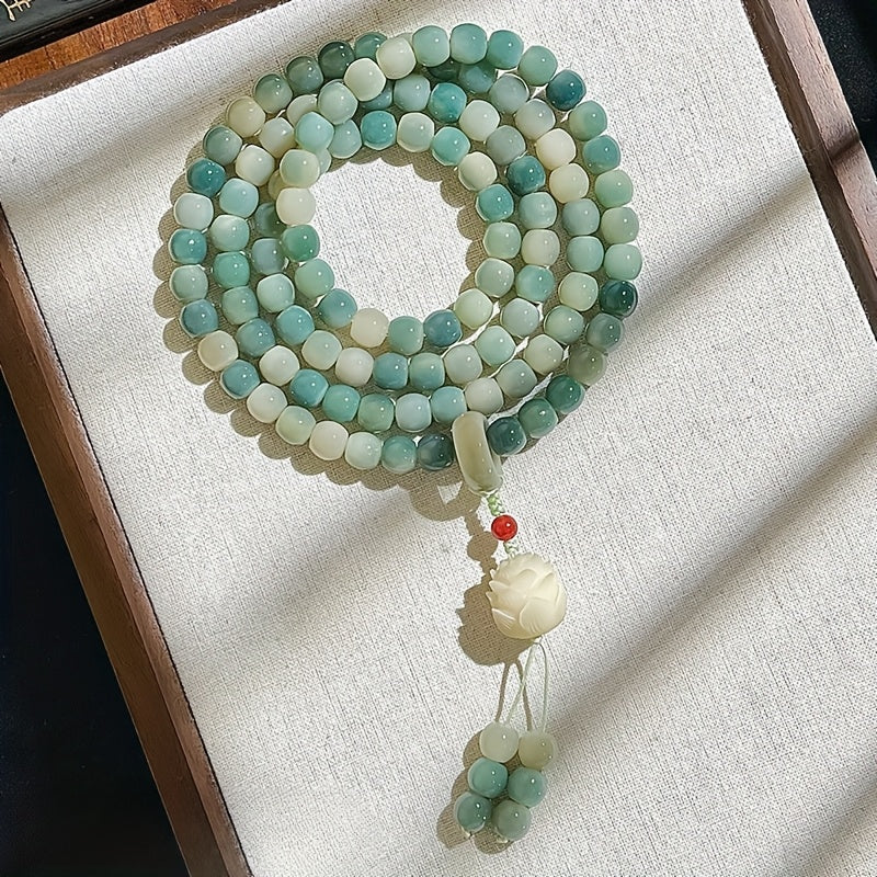 108-Bead Gradient Green–White Bodhi Root Mala — Lotus Charm for Mindful Harmony, Spiritual Balance & Grounding Energy