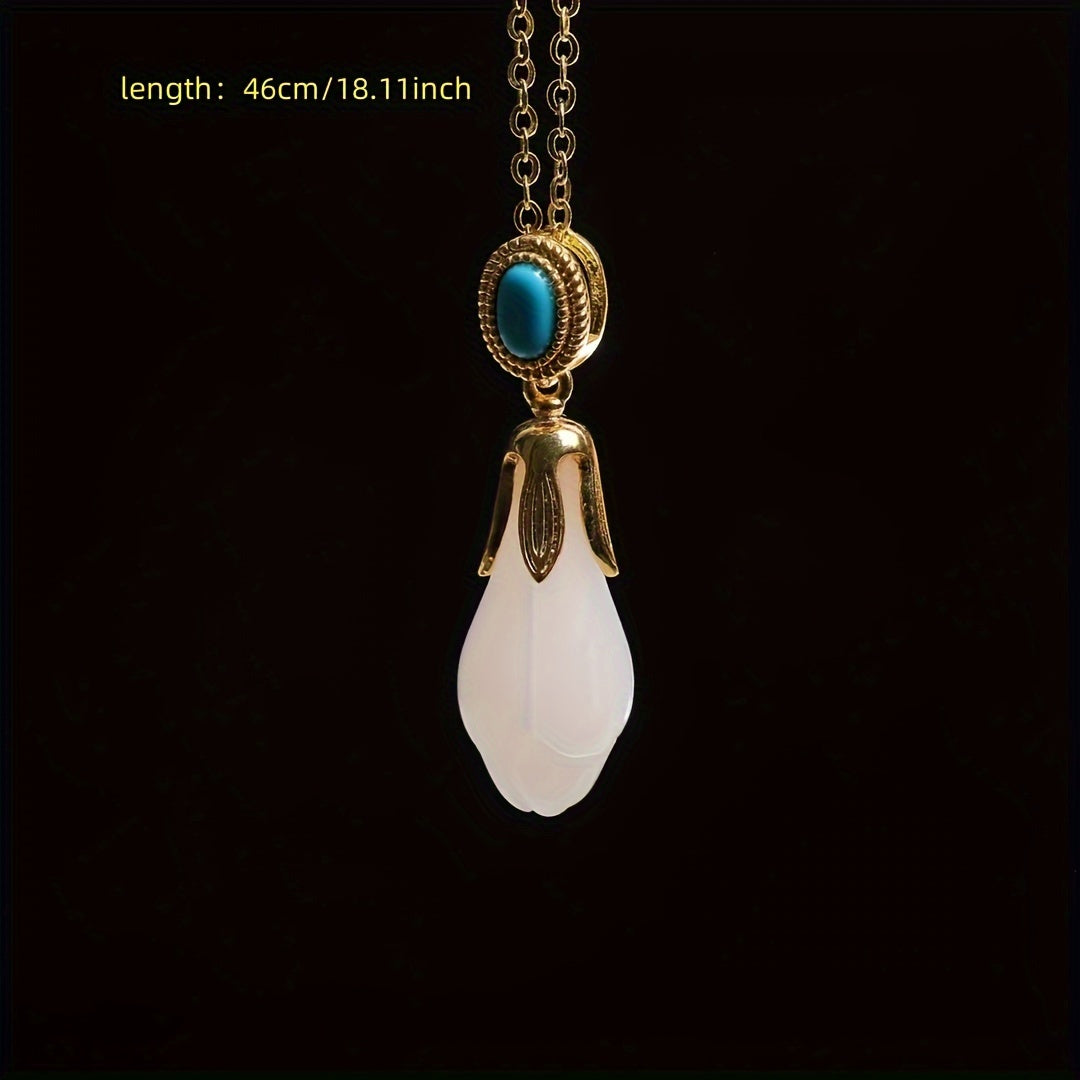 Sheep Fat White Jade Orchid Ring with Turquoise | Elegant Feng Shui Jewelry for Peace & Wisdom