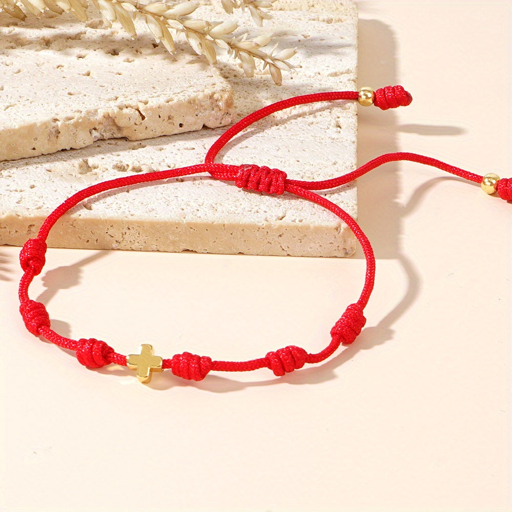 Boho Red Rope Bracelet with Cross Charm - Adjustable for Daily Wear & Festive Energy