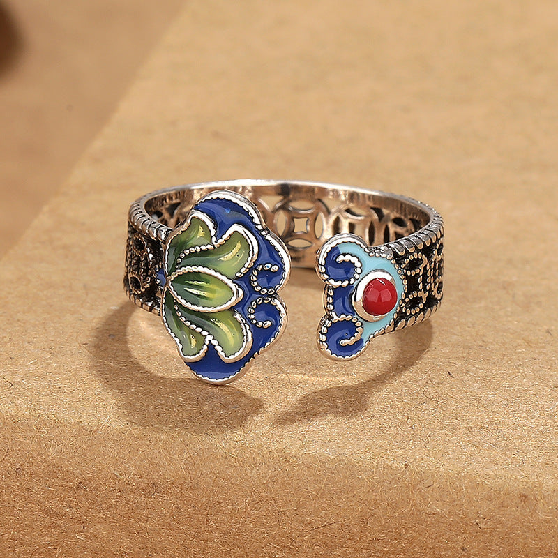 Vintage Bohemian Lotus Flower Ring for Women - Blue/Green/Red Floral Design with Energy Healing & Spiritual Protection