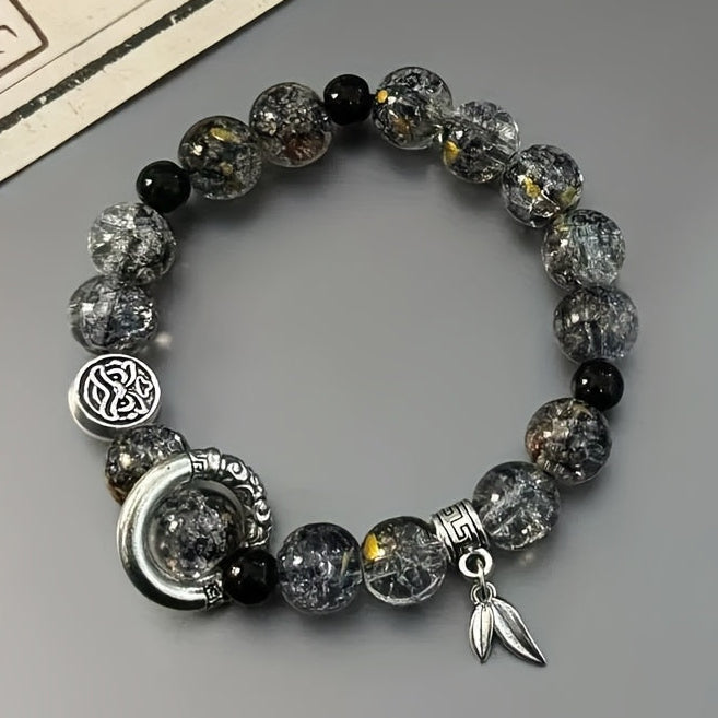 1 Stylish Glass Bead Stretch Bracelet with Pendant - Unisex Black & Gold Design for Casual Wear & Energy Balance