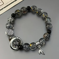 1 Stylish Glass Bead Stretch Bracelet with Pendant - Unisex Black & Gold Design for Casual Wear & Energy Balance