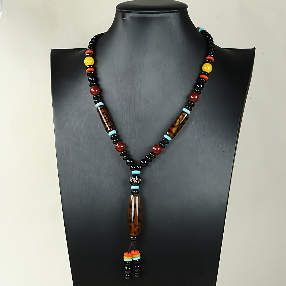 Tibetan Black Agate Necklace with Green Dzi Bead for Protection, Wealth, and Spiritual Balance