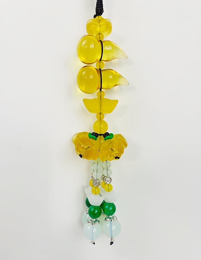 Golden Lotus Gourd  Car Blessing Charm   Feng Shui Safe Travels Amulet Lotus Gourd Jade Buckle Dangling Rearview Mirror Charms Amulet Pray for Luck Safety (Yellow)