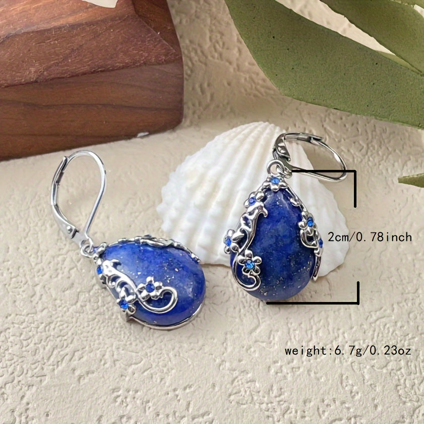 Natural Stone Lapis Lazuli Earrings - Blue Rhinestone Drops for Spiritual Clarity & Elegant Wear
