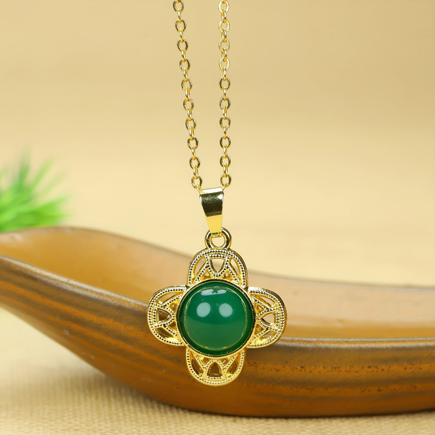 Emperor Green Agate Flower Pendant for Men | Gold Tone Lucky Clover Necklace for Prosperity