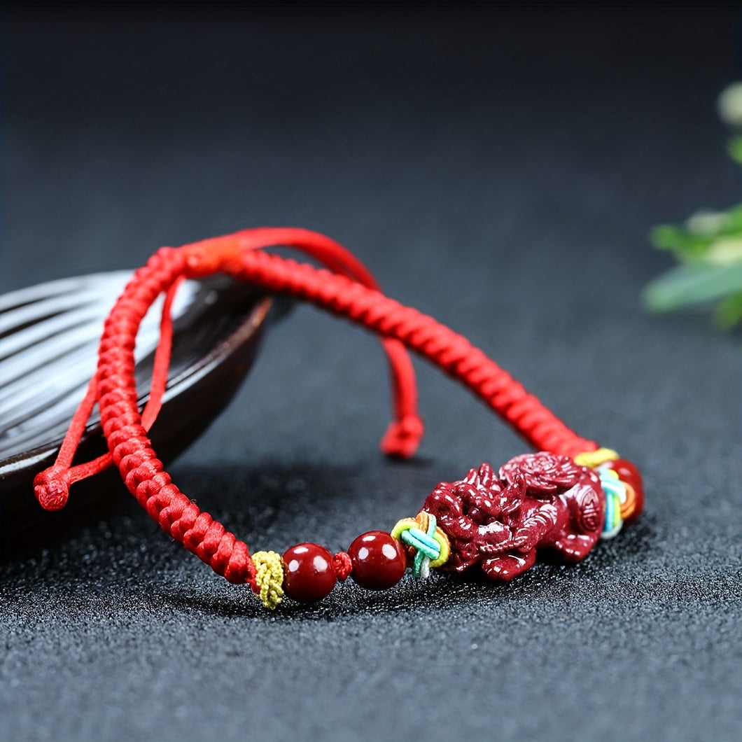Men's Classic Cinnabar Pixiu Wealth Bracelet - Emperor Sand Ruyi Red Cord for Energy Healing