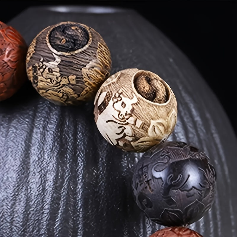 Elegant Hand-Carved Wooden Character Beads Bracelet - Unisex Good Luck Wealth Bracelet with 12 Beads | Natural Energy Enhancement & Spiritual Protection