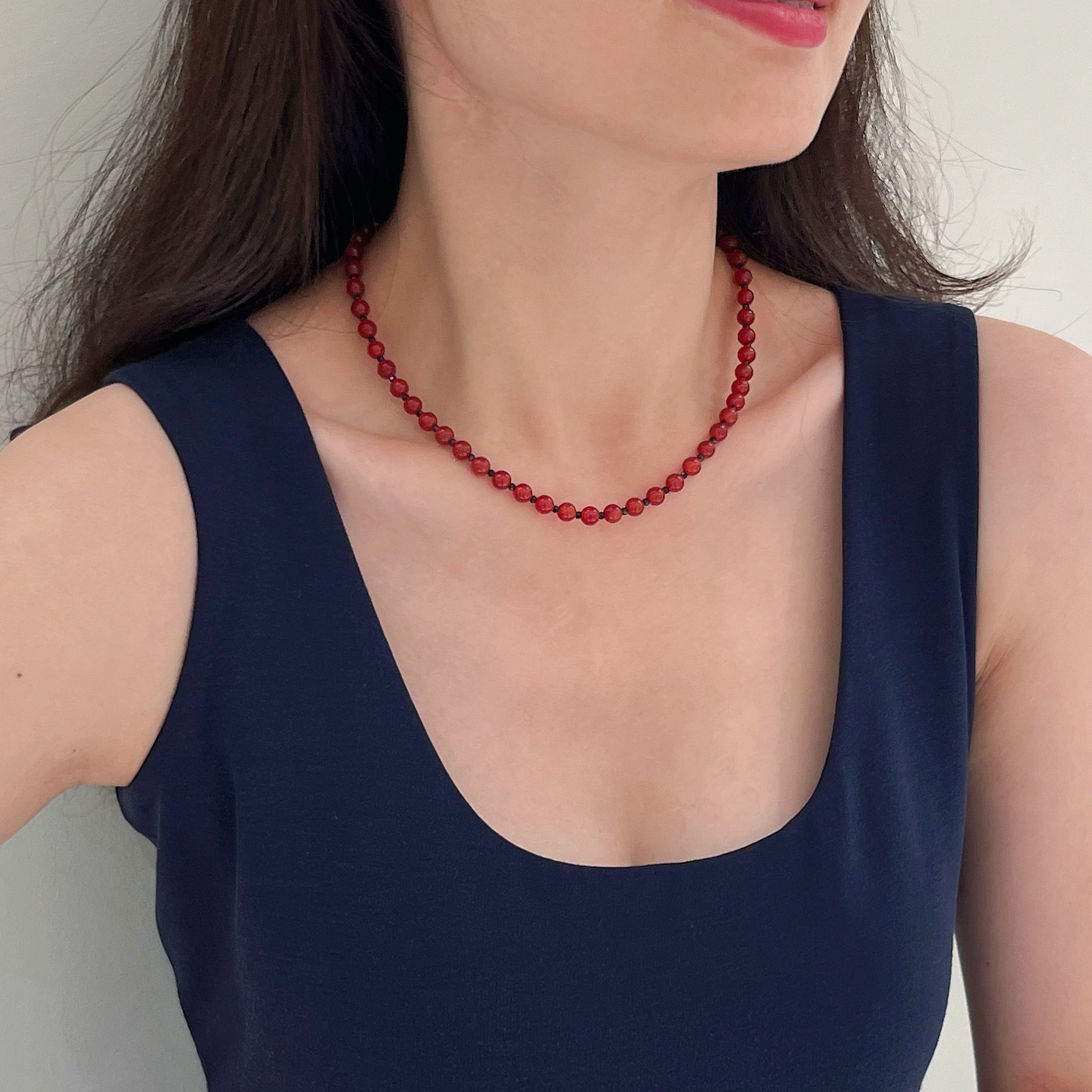 Elegant Red Onyx & Natural Spinel Necklace - French Romantic Style for Harmony & Protection