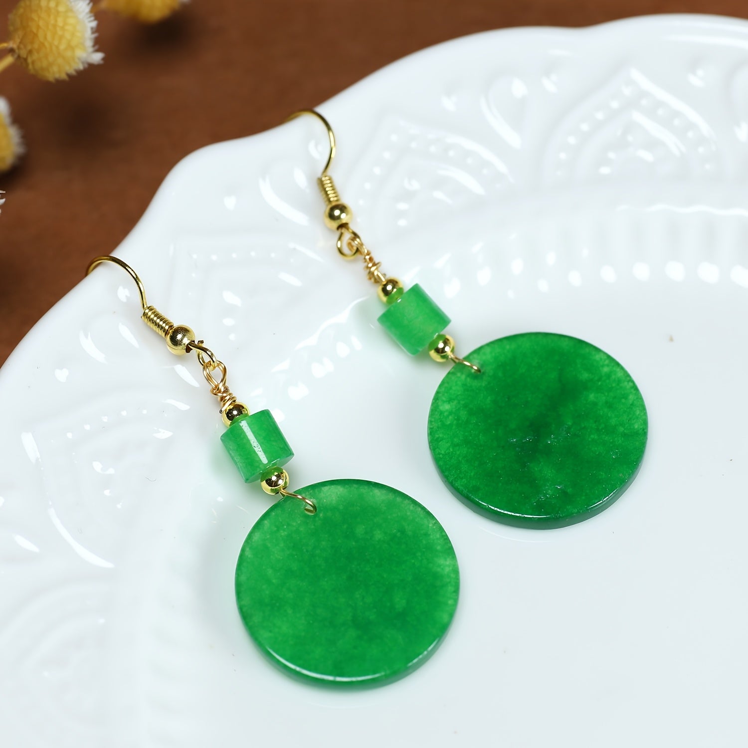 Natural Stone Round Earrings - Elegant Green Gemstone Dangle with Golden-Tone Metal for Parties & Valentine's Day