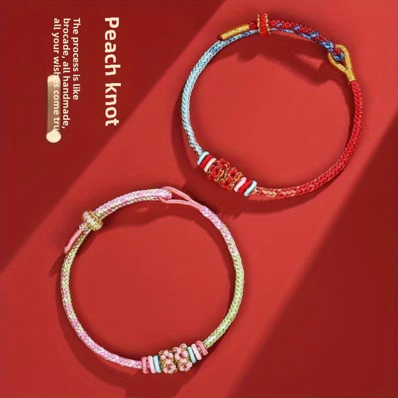 Dragon Boat Festival Peach Blossom Rope Bracelet - Hand-Woven Adjustable Bracelet for Love & Good Luck