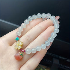 White Agate Energy Bracelet with Lucky Clover & Peach Blossom Pendant – Harmony, Protection & Spiritual Growth