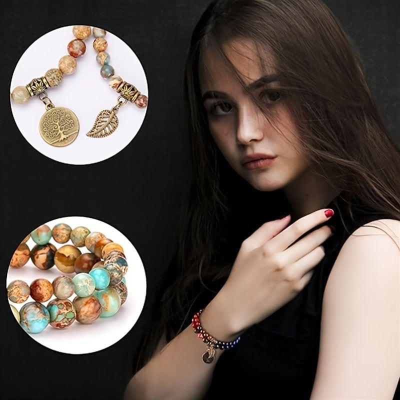 Sea Sediment Jasper Bracelet Set with Tree of Life & Leaf — Grounding, Calm Seas Energy, Balance & Prosperity