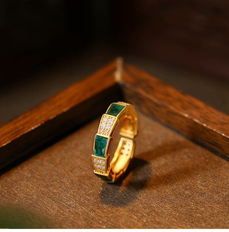 Copper Gold-Plated Ring with Green Synthetic Stone - Enhances Harmony & Prosperity  Minimalist Chic Jewelry