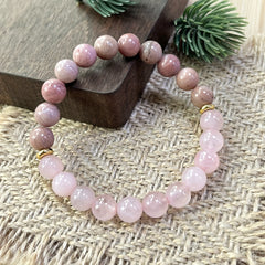 Natural Rose Quartz & Rhodonite Beaded Bracelet, Handcrafted Love Magic Stone Jewelry