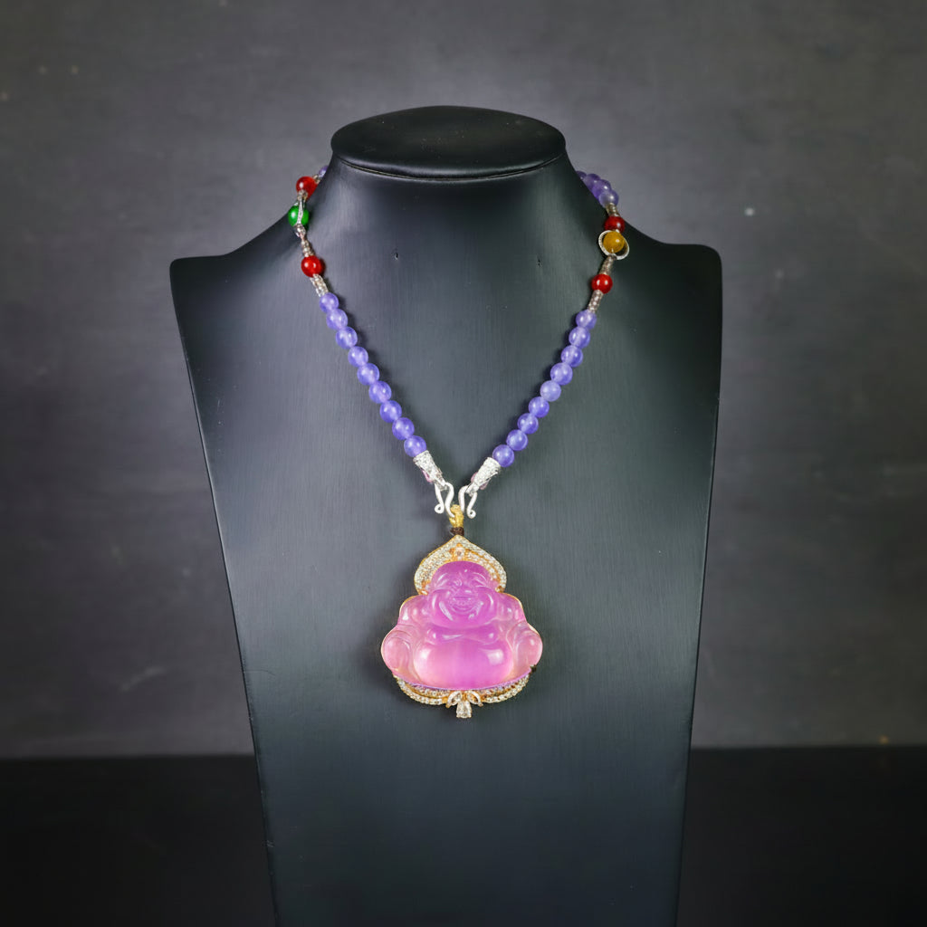 Elegant Vintage Violet Character Pendant Earrings Set - Natural Stone with Gold Tone and Sparkling Faux Gemstones for Spiritual Harmony and Positive Energy