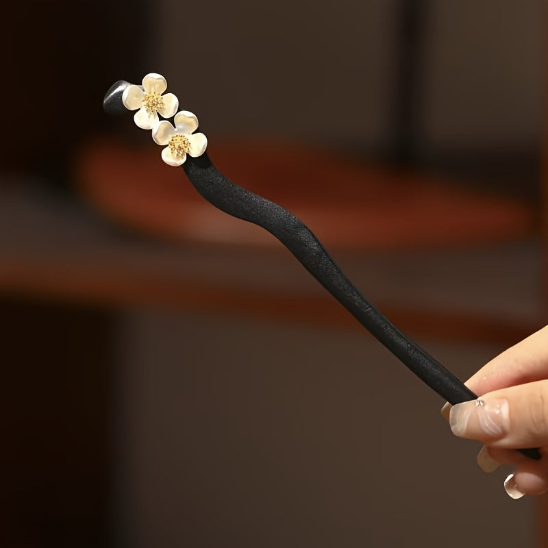 1pc Elegant Chinese Hairpin - Minimalist Floral Hair Stick with Black Wood & White Flower Accents - Traditional & Modern Hairstyles for Wedding, Party, Everyday Formal Events