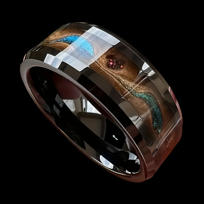 Modern Black & Blue Gradient Sand Ring - Stainless Steel Wedding Band for Energy & Style