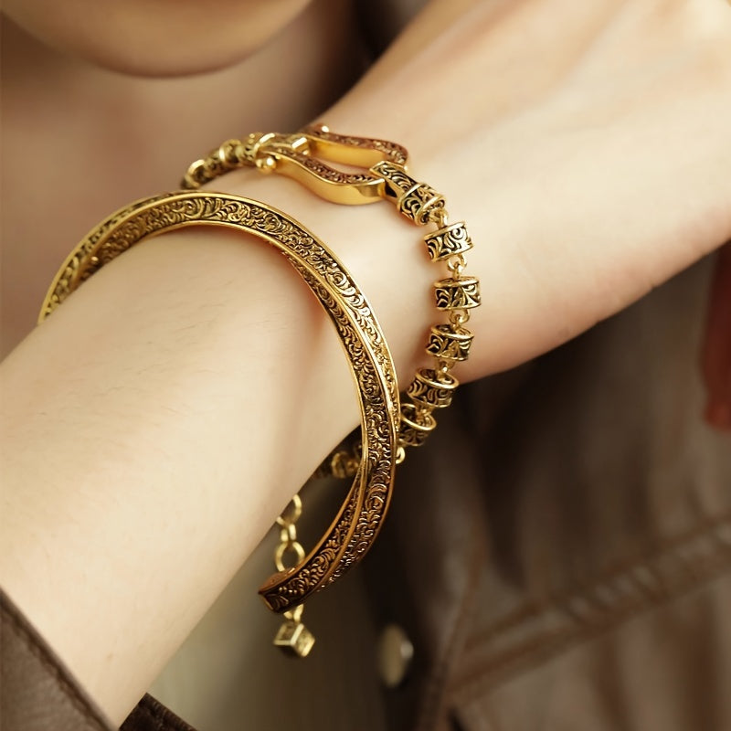 Vintage Chinese Floral Copper Cuff — Energy Balancing & Protective Talisman Bracelet