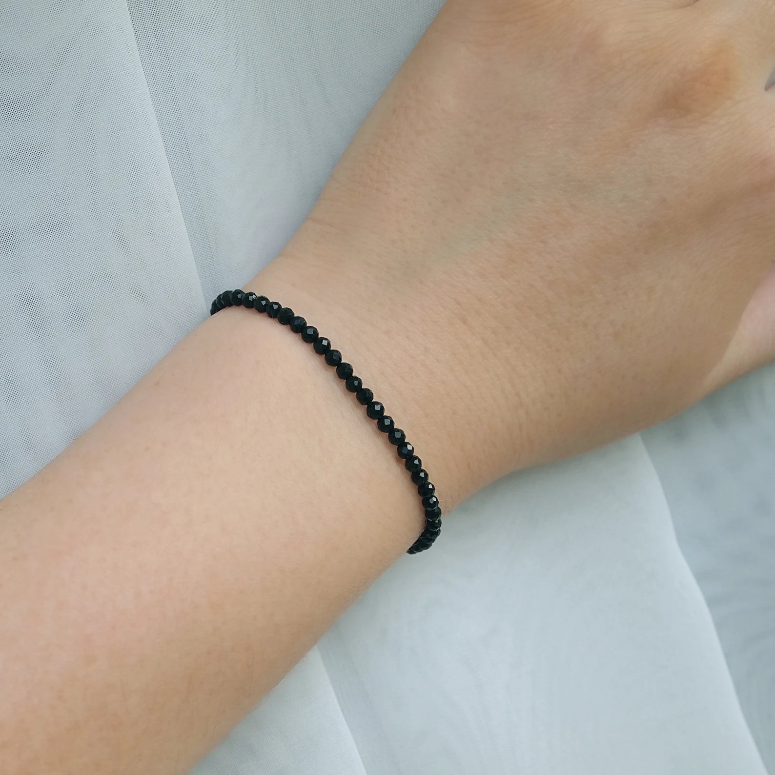 Dainty Black Faceted Stone Bracelet - Handmade Elastic Beaded Jewelry for Energy & Protection