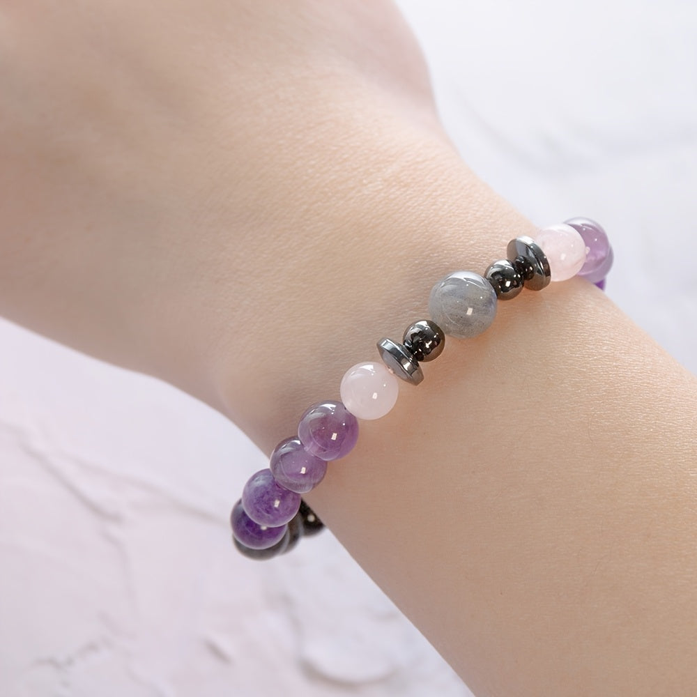 Real Natural Amethyst, Gray-black Flash Stone, 8mm Natural Stone Round Beads, Beautiful and Exquisite Design, Loose Beads Combination, Elastic Line Can Be Adjusted for Comfortable Wearing