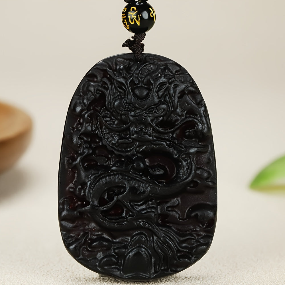 Vintage Dragon Pendant Necklace for Men - Black Resin Chameleon Amulet with Purple Light Effect